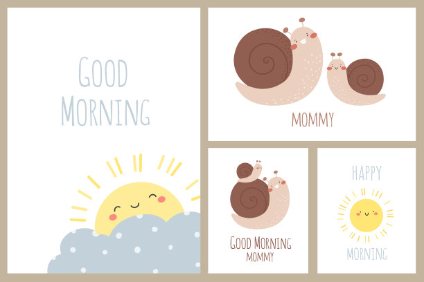 母亲节的儿童贺卡。可爱的蜗牛，太阳和一朵云带着一句妈妈早上好。向量集。图片下载