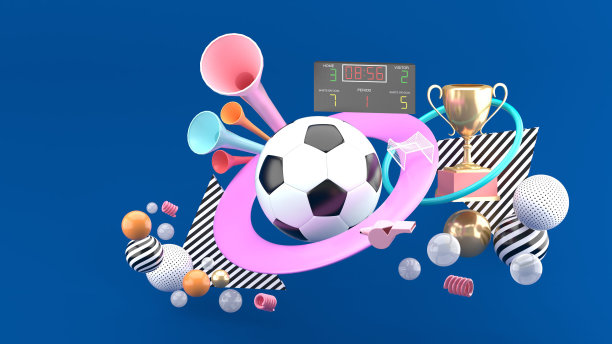周围是喇叭、哨子、进球球、奖杯和蓝色背景上的记分牌。3 d渲染。图片下载