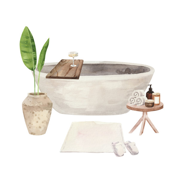 水彩手绘家居水疗浴室内部图片下载