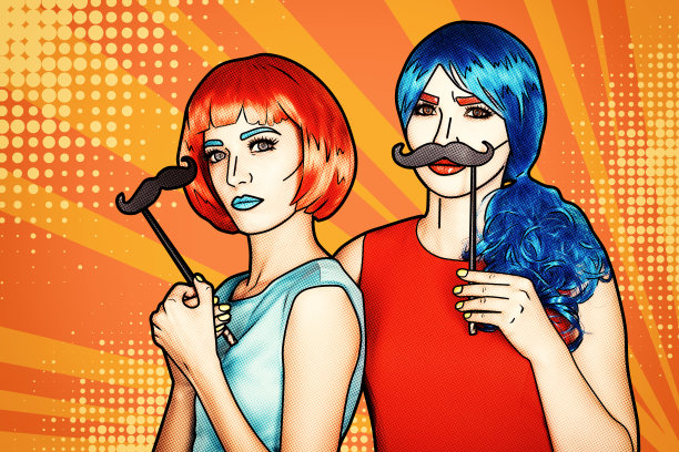 女性戴着红色和蓝色的假发。手里拿着假胡子的女孩图片下载