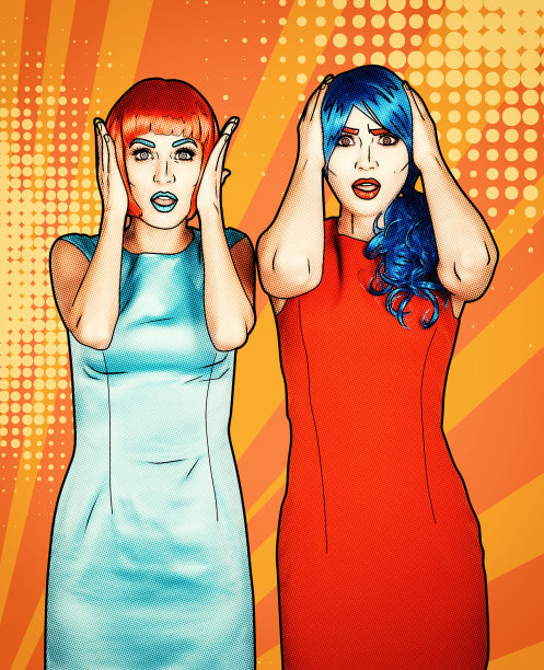 年轻女性的肖像在漫画流行艺术化妆风格。戴着红色和蓝色假发的震惊的女性图片下载