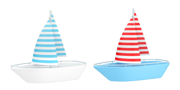 有帆的船的3d插图，图标。卡通风格的赛船会。帆船在不同的颜色孤立在白色。图片下载