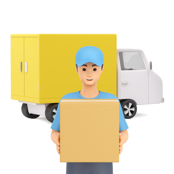 一个手里拿着纸板箱的送货员站在一辆货车或卡车前。信使或搬运工图片下载