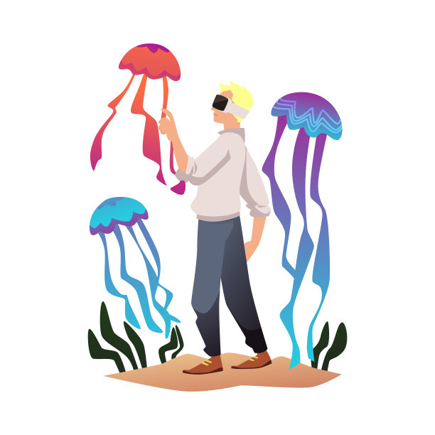 年轻人的性格在虚拟现实眼镜旅行在水下世界平面风格图片下载