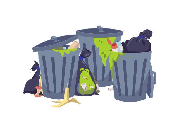 垃圾堆在黑色塑料袋和金属箱，平面矢量插图孤立在白色背景。图片下载