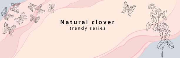 横幅涂鸦的三叶草花，手绘蝴蝶在豪华多彩的背景。矢量图图片下载
