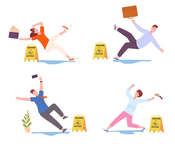 滑湿的地板上。打滑人在办公室打滑地板，危险打滑地板预防伤害事故，男子女子滑落湿大厅，精彩矢量插图图片下载