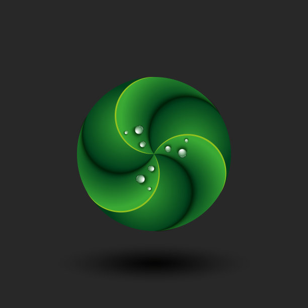 生态标志三维圆形形状，三个抽象的绿色植物叶片与现实露珠矢量插图，拯救自然的标志。图片下载