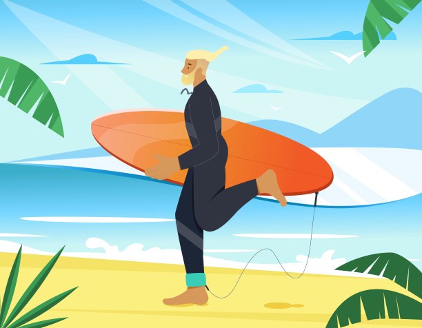 冲浪运动员穿着潜水服，拿着冲浪板跑步。平面向量插图。夏季背景与景观，海洋，海滩和棕榈树。图片下载
