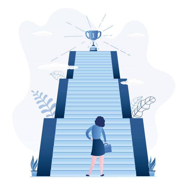 事业阶梯，理念旗帜。女工人或经理站在高楼梯脚下。成功的阶梯在顶端有奖赏。业务发展,创业。图片下载
