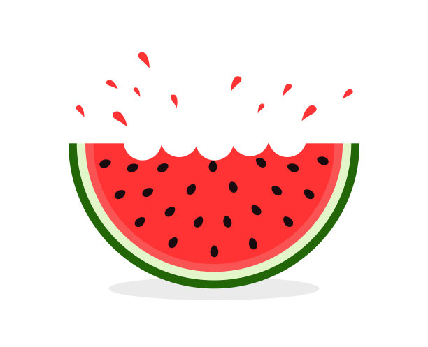 咬一口西瓜片。西瓜片的图标。西瓜的一半。标志多汁西瓜在平坦的风格。卡通图标孤立在白色背景。向量图片下载
