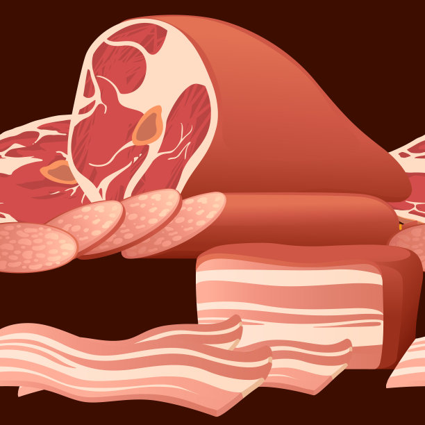无缝图案切片火腿培根和香肠矢量插图在棕色背景图片下载