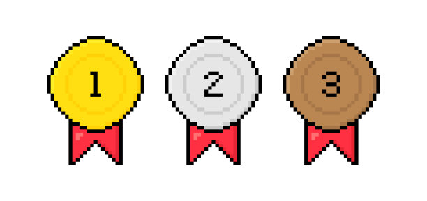 8位像素艺术金，银，铜奖牌与红丝带。第一，第二，第三名。矢量图图片下载