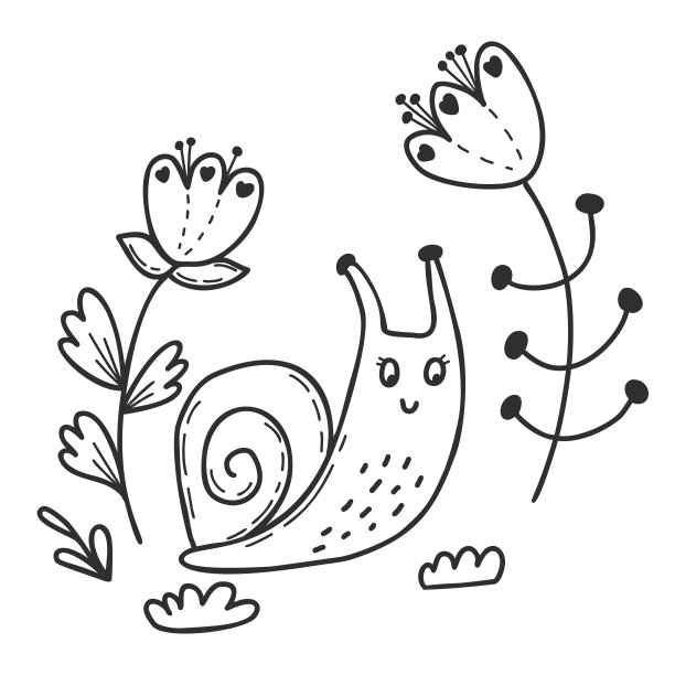 可爱的花园蜗牛与装饰花和草。线性手绘涂鸦。有趣的软体动物耳蜗。矢量插图。图片下载