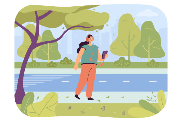 快乐的卡通女孩听着音乐在手机上图片下载