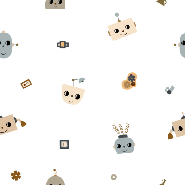 无缝图案的快乐搞笑卡通宝宝机器人。可爱微笑的婴儿机器人脸在平面矢量插图孤立在白色背景。图片下载