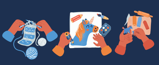 创意儿童实验室的矢量插图，俯视图表与创意儿童的手，素描，编织，橡皮泥建模图片下载