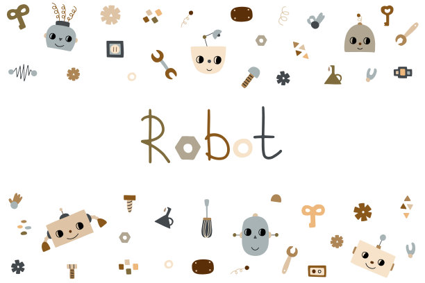 背景与快乐有趣的卡通婴儿机器人。白色背景上可爱的笑脸。图片下载