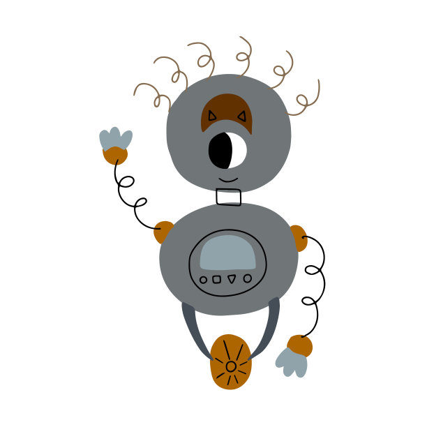 可爱快乐有趣的卡通娃娃机器人人物挥手问好。平面矢量插图孤立在白色背景。图片下载