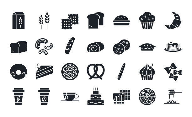 面包，烘焙产品，糕点和糖果图标集。孤立的矢量剪影图片下载