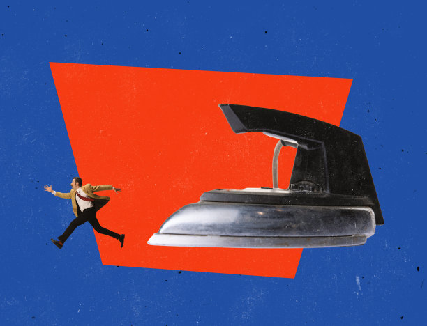 当代艺术拼贴。抽象形象的人从复古铁孤立在红蓝色背景。避免危险图片下载