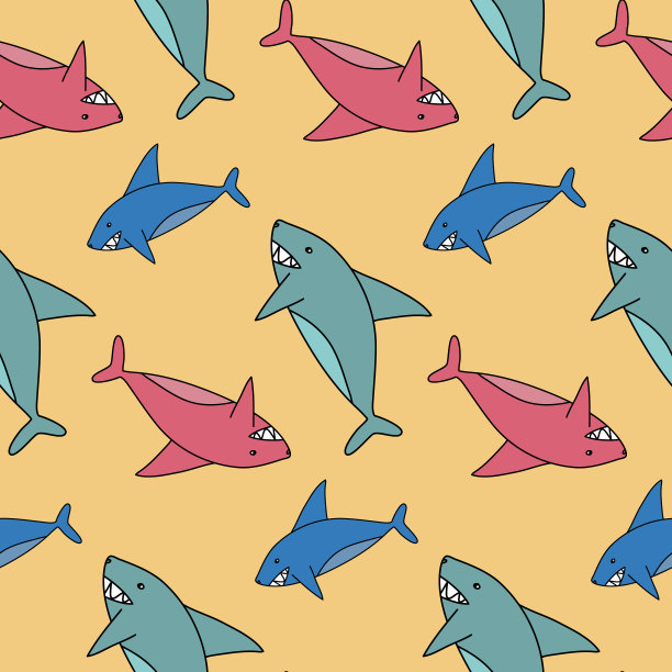 可爱的鲨鱼设计与海洋动物牙齿鲨鱼，无缝图案的包装纸图片下载
