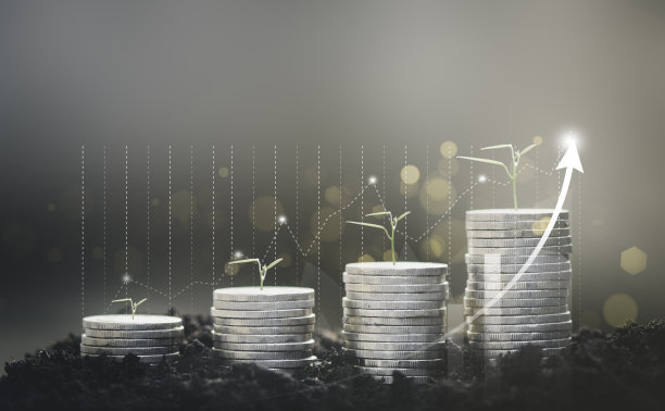 步骤的硬币堆叠与一棵树生长在顶部与股票市场或外汇交易图表，投资和退休或教育，商业金融和货币概念。图片下载