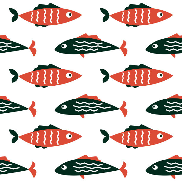 无缝图案背景纹理向量与黑色和红色热带彩色卡通鱼。纺织织物印刷。礼品包装纸。背景。重复的瓷砖。抽象设计模板元素图片下载