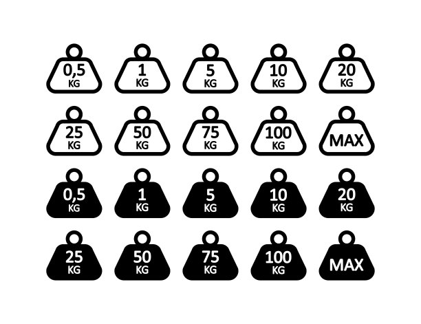 重量图标：0.5, 1, 5, 10, 20, 25, 50, 75, 100公斤标志，重负载矢量符号图片下载