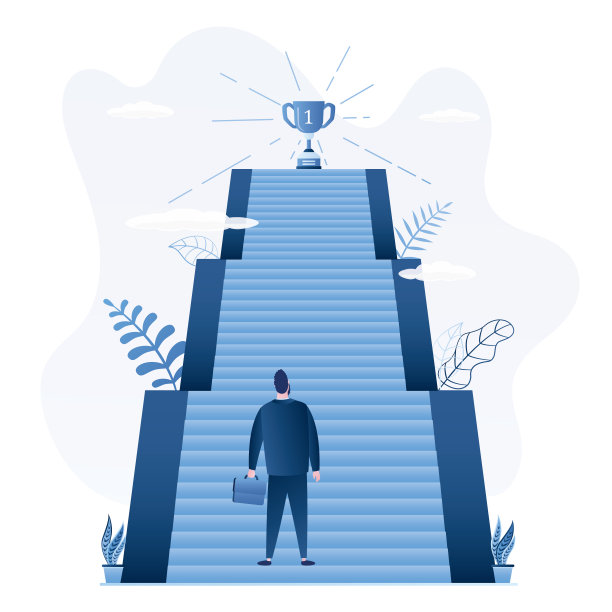 事业阶梯，理念旗帜。男工人或经理站在高楼梯脚下。成功的阶梯在顶端有奖赏。业务发展,创业。图片下载