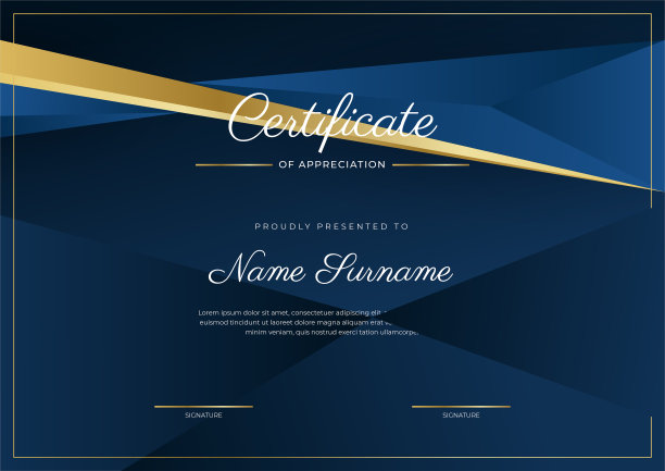 鉴赏证书模板，金色和蓝色。带金章的干净现代证书。证书边框模板具有豪华和现代的线条图案。文凭向量模板图片下载
