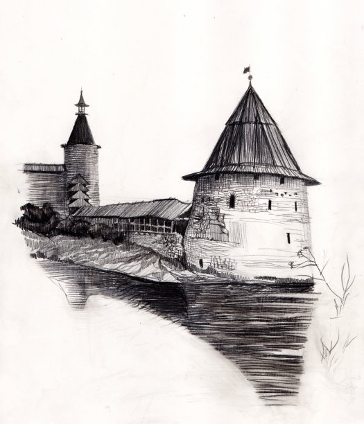 黑白铅笔画在陈旧的米色纸上。从普斯科夫河上俯瞰古老的中世纪克里姆林宫城堡图片下载