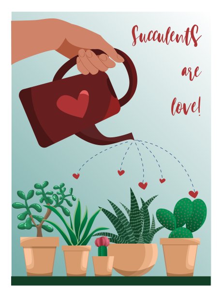 矢量海报与各种肉质植物和手浇他们。多肉植物包括爱的副本图片下载