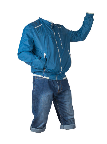 牛仔深蓝色短裤和夹克与拉链孤立在白色背景。男人的牛仔裤图片下载