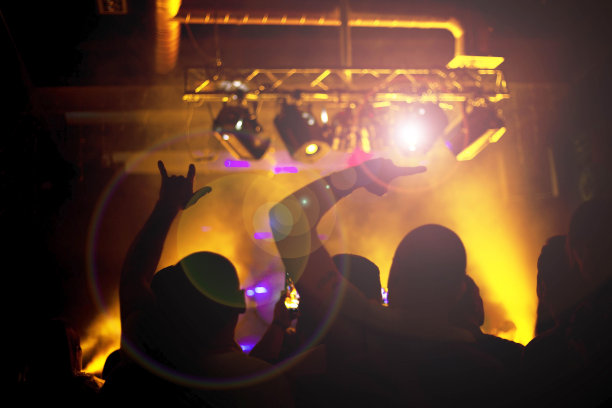 在摇滚音乐会上，疯狂的人们举起双手，前后背景被散景效果模糊图片下载