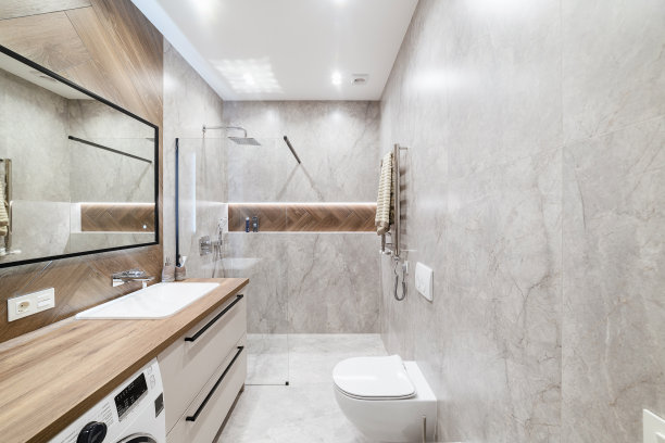 卢茨克风格的新干净浴室，带有镜子和背光图片下载