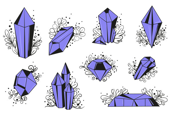 一组带叶子的紫色晶体图片下载