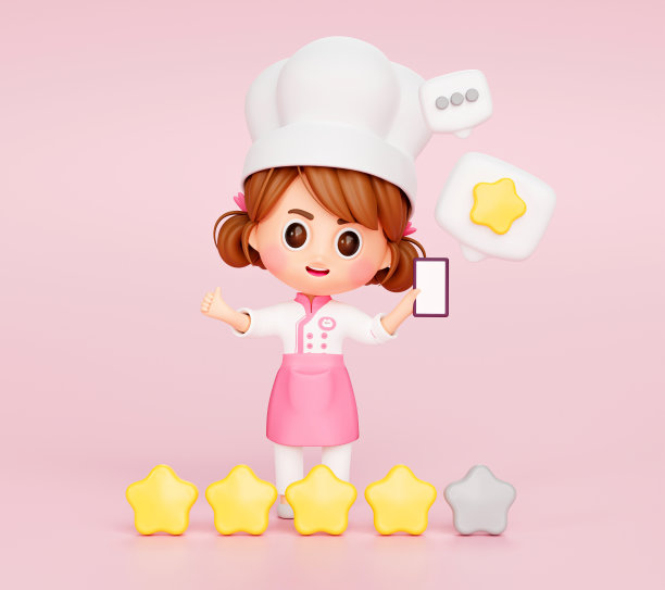 可爱的厨师女孩穿着制服拿着智能手机和顾客反馈点评点评点评餐厅吉祥物人物标志上的粉红色背景3d插图卡通图片下载