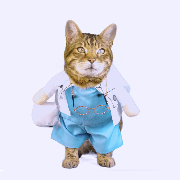有趣的孟加拉猫在白色背景下穿着医生服装图片下载