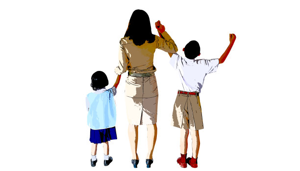 老师手拉手男学生，女学生，泰国，回到学校，开放学期到学校，插图。设计理念和概念思考创造力。图片下载