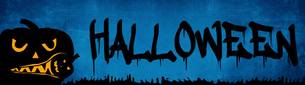 万圣节背景横幅宽全景全景模板-可怕的剪影雕刻夜光卡通南瓜和孤立在深蓝色纹理图片下载