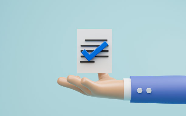 商人手持带有正确的标记的纸张，通过3d渲染插图进行文件批准和质量控制标准概念。图片下载
