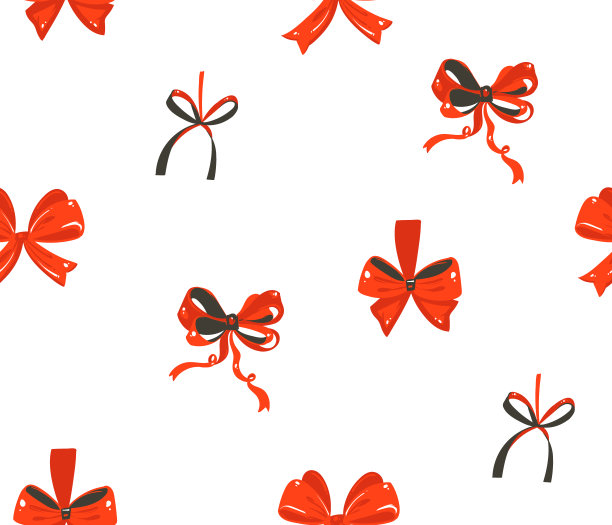 手绘矢量抽象的乐趣股票平圣诞快乐，和新年快乐时间卡通节日无缝图案与可爱的插图，圣诞复古红色蝴蝶结孤立在白色背景图片下载