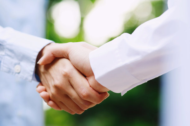 两个同事在工作中握手的特写，格子衬衫图片下载