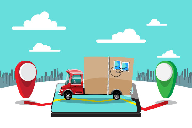大孤立车辆矢量彩色图标，平面插图货车通过GPS跟踪位置。配送车辆、货物食品配送、即时配送、在线配送。图片下载