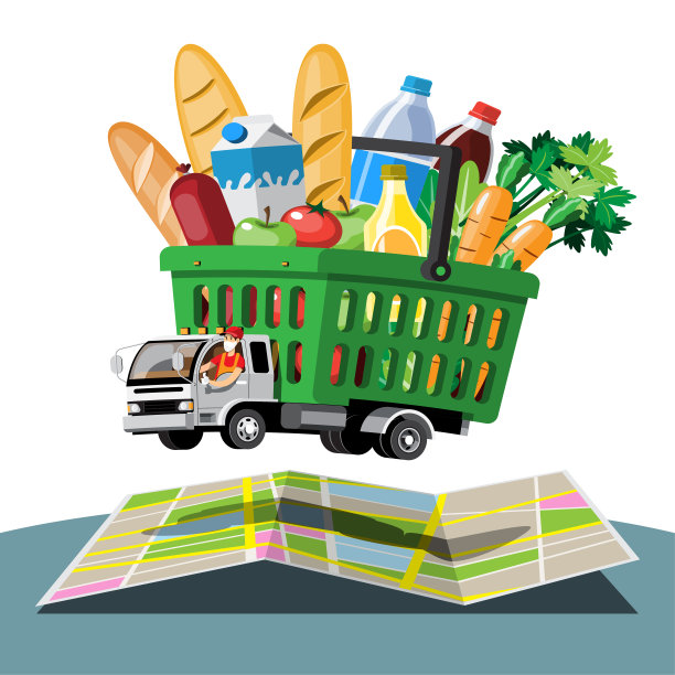 大孤立车辆矢量彩色图标，平面插图货车通过GPS跟踪位置。配送车辆、货物食品配送、即时配送、在线配送。图片下载