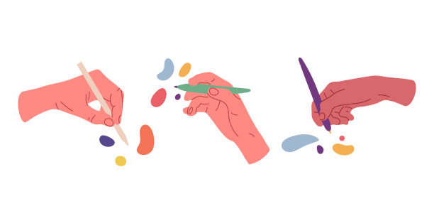 用铅笔、钢笔、手写笔书写或绘画的手。人类的双手与绘画工具卡通矢量插图。创作作家和艺术家绘画图片下载