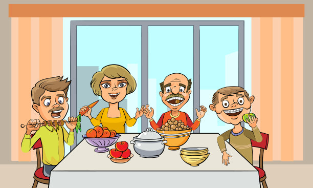 幸福的家庭围坐在餐桌旁。每个人都有健康的牙齿图片下载