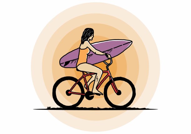 一个女人骑自行车冲浪的插图图片下载