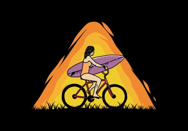 一个女人骑自行车冲浪的插图图片下载